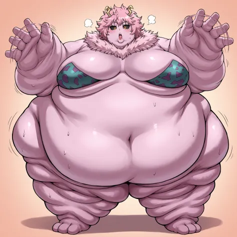 <lora:mina-ashido-anime-ponyxl-lora-nochekaiser:1>, mina ashido, short hair, yellow eyes, pink hair, horns, colored skin, colored sclera, black sclera, pink skin, breasts, fat, chubby, obese, fat neck, multiple chins, big breasts open mouth, out of breath,...