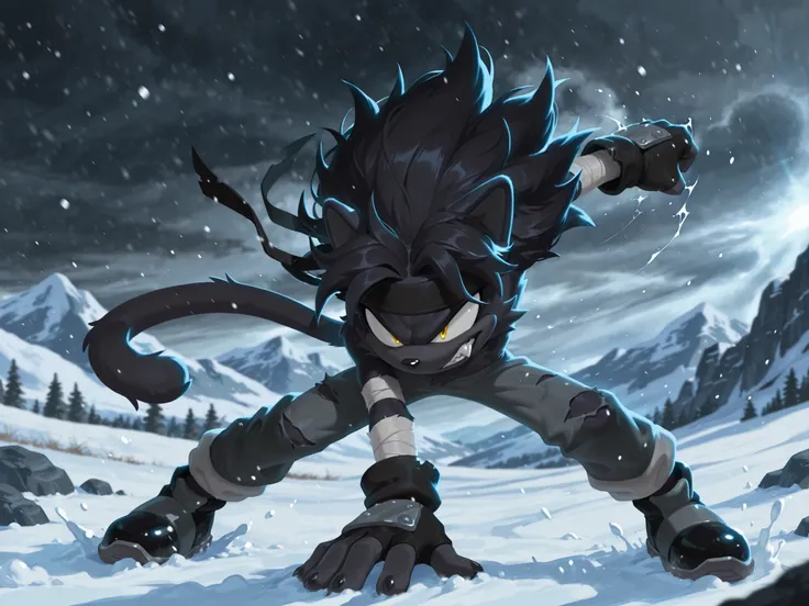 masterpiece, best quality, amazing quality, very aesthetic, high resolution, ultra-detailed, absurdres, newest, scenery, furry, anthro, sonic \(series\), 1boy, male furry, black panther, yellow eyes, gray ripped pants, black shoes, fingerless black gloves,...