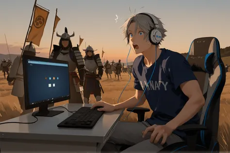 A surprised young man sitting in a modern black and blue gaming chair at a light gray desk with a computer, surrounded by a historical Sengoku period battlefield. The man is wearing a navy blue t-shirt and white headphones, looking around in shock while ex...
