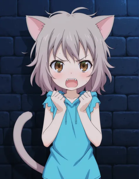 fbi open up!,, 1girl, petite, (skinny and frail:0.7), cat girl, against wall, stone wall, brown eyes,looking at viewer, grey hair, medium hair, messy hair, angry, (scared:0.4), (open mouth:0.5), fangs, hands up, (tearing up:0.5), tail raised, torn clothes,...