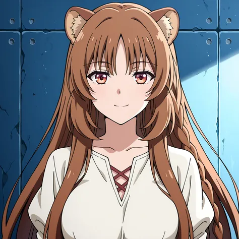 Horikita Suzune . Raphtalia, with orange eyes, a new hairstyle (long hair with a center fringe and a side braid), and rounded ears, is curvy and has large breasts. She stands in the middle of a blue room, with a cheerful and flirtatious expression. The ani...
