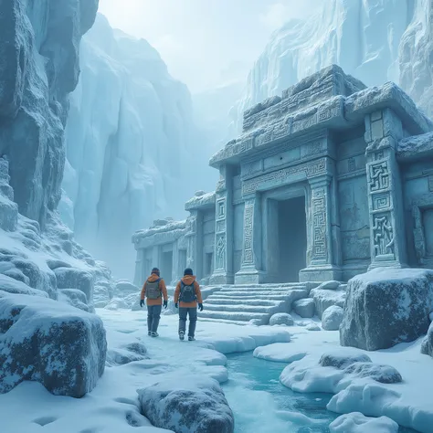 E_style,On a remote glacier at the edge of the world, nestled among bluish mountains and deep crevasses of ancient ice, two explorers advance slowly, bundled in expedition coats. The awe they feel stems not only from the extreme cold, but also from the pre...