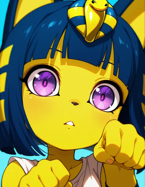 fbi open up!,, depth of field, 1girl, furry, ankha \(animal crossing\), expressionless, eye reflection, yellow background, yellow theme, blue background, desert,, purple eyes, glowing eyes, wide-eyed, paw pose, looking at viewer, close-up, parted lips,