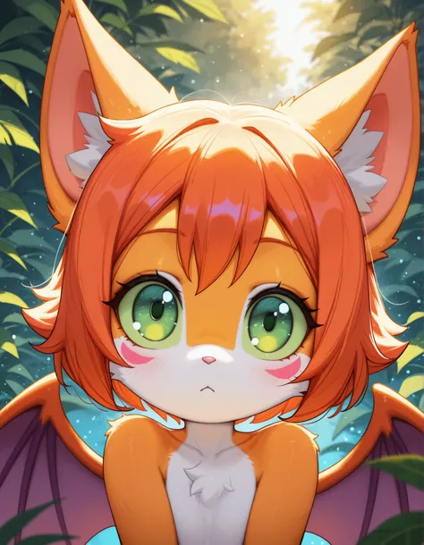 fbi open up!,, masterpiece, best quality, very aesthetic, (1girl:0.7),, (solo:1.3), furry, fidget \(elysian tail\), nimbat, fidget_daet, anthro, furry female, wings, tail, green eyes, colored sclera, bat wings, facial markings, orange fur, white fur, two-t...