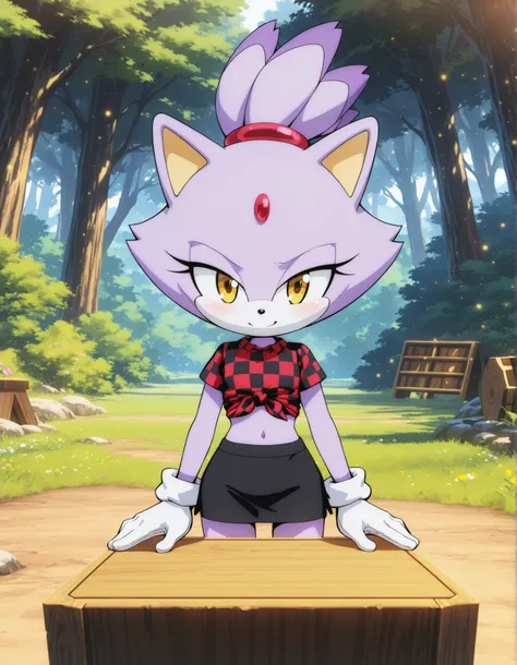 fbi open up!,, solo, 1girl, blaze the cat, furry, shiny skin, short stack, white gloves, black miniskirt, midriff, red checkered knotted top, tied shirt, BREAK smile, smug, BREAK night, forest background, (mountains:1.1), flower, wood chopping block, cowbo...