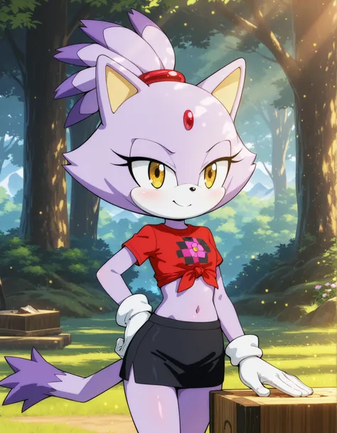 fbi open up!,, solo, 1girl, blaze the cat, furry, shiny skin, short stack, white gloves, black miniskirt, midriff, red checkered knotted top, tied shirt, BREAK smile, smug, BREAK night, forest background, (mountains:1.1), flower, wood chopping block, cowbo...