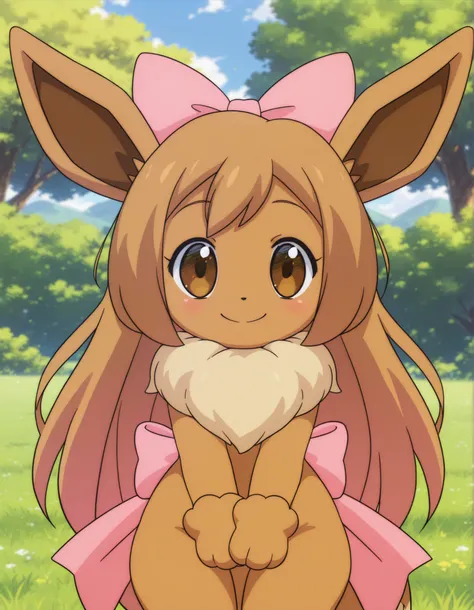 fbi open up!,, pokekid, eevee, fluffy girl, furry girl, female, smile, smiling, has a big pretty bow in her hair, has animal paws for hands, 1girl, best quality, outdoors, high definition, cute,