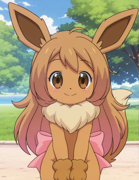 fbi open up!,, pokekid, eevee, fluffy girl, furry girl, female, smile, smiling, has a big pretty bow in her hair, has animal paws for hands, 1girl, best quality, outdoors, high definition, cute,
