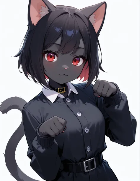 fbi open up!,, masterpiece, best quality, very aesthetic, 1girl, solo, white background, looking at viewer, portrait, paw pose, :3, furry female, cat girl, animal ears, black hair, short hair, black skin, red eyes, cat tail, black jacket, buttons, long sle...
