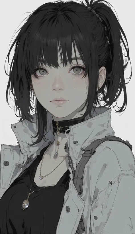 Closeup of a Woman's Messy Hair and Jacket, Big Unkempt Hairstyle, Girl with Ragged Hair, Curled Bangs and Ponytail, disheveled hairstyle, with short hair, messy bangs, short unkempt hair, medium hair, Black Hair Up to the Shoulders Is Not Well Maintained...