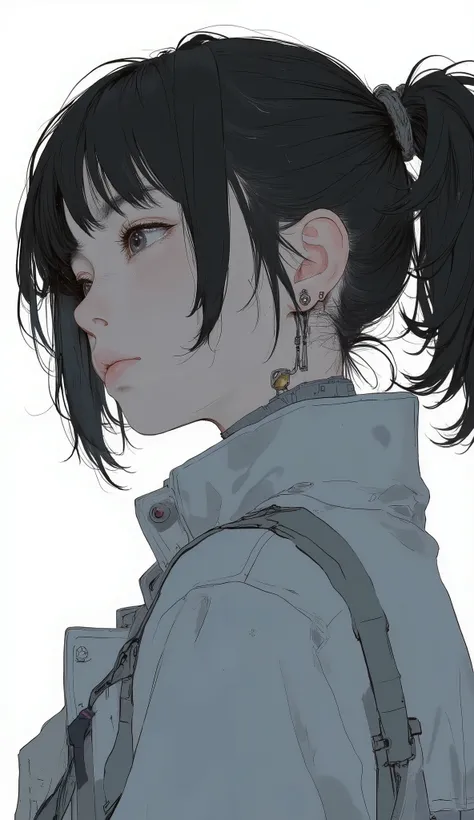 Closeup of a Woman's Messy Hair and Jacket, Big Unkempt Hairstyle, Girl with Ragged Hair, Curled Bangs and Ponytail, disheveled hairstyle, with short hair, messy bangs, short unkempt hair, medium hair, Black Hair Up to the Shoulders Is Not Well Maintained...