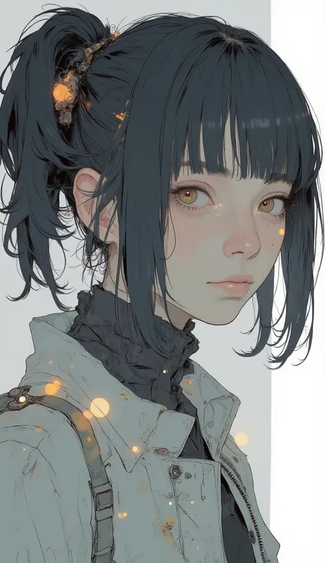 Closeup of a Woman's Messy Hair and Jacket, Big Unkempt Hairstyle, Girl with Ragged Hair, Curled Bangs and Ponytail, disheveled hairstyle, with short hair, messy bangs, short unkempt hair, medium hair, Black Hair Up to the Shoulders Is Not Well Maintained...