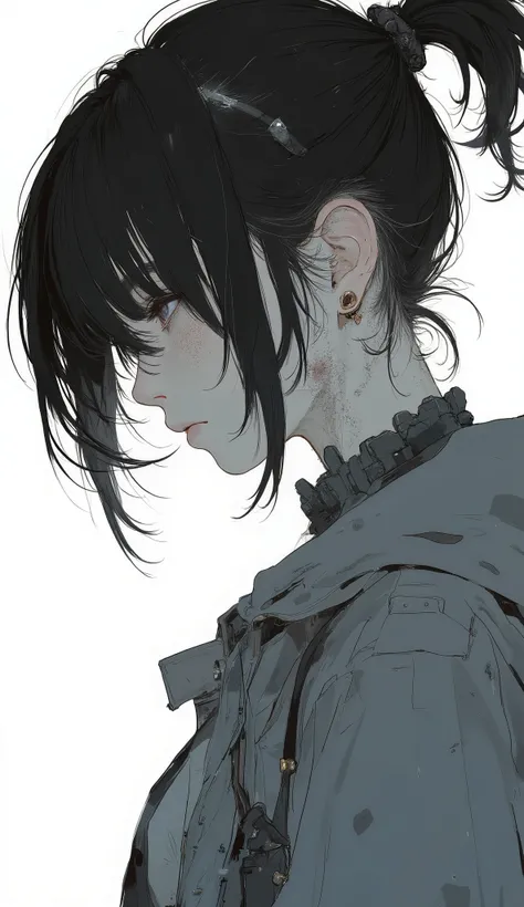 Closeup of a Woman's Messy Hair and Jacket, Big Unkempt Hairstyle, Girl with Ragged Hair, Curled Bangs and Ponytail, disheveled hairstyle, with short hair, messy bangs, short unkempt hair, medium hair, Black Hair Up to the Shoulders Is Not Well Maintained...