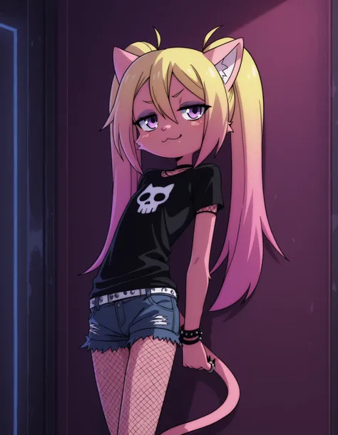 fbi open up!,, volumetric_lighting, chiaroscuro_lighting, vibrant, shaders, against_the_wall, arched_back, 1girl, interior, solo, detailed, furry, cat, skinny, smug, ((cute_clothes, emo, fishnets)), white_fur, cute, claws, stare, soft_light, stylized, Such...