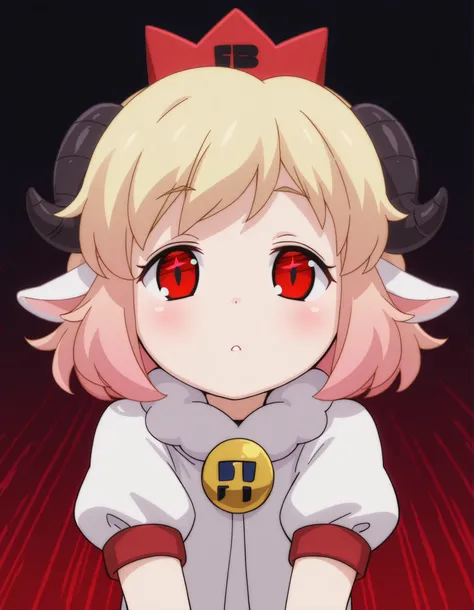 fbi open up!,, masterpiece, best quality, very aesthetic, 1girl, solo, cult of the lamb, sheep girl, collar, horizontal pupils, red/black eyes, red crown