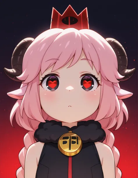 fbi open up!,, masterpiece, best quality, very aesthetic, 1girl, solo, cult of the lamb, sheep girl, collar, horizontal pupils, red/black eyes, red crown