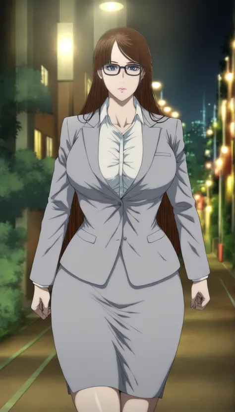 masterpiece,best quality,very aesthetic,volumetric lighting,amazing quality,absurdres,official style,
Yuriko Okada,1woman,solo,brown hair,long hair,blue eyes,lips,teacher outfit,black-framed eyewear,glasses,white collared shirt,formal,suit,pencil skirt,gre...