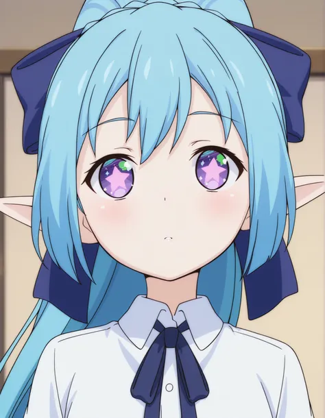 fbi open up!,, Kana, light blue hair, high ponytail, dark blue hair ribbon, wide eyes, star pupils, pointed ears, upper body, looking at veiwer