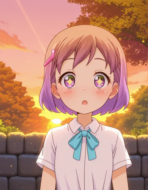 fbi open up!,, Nanafa, upper body,  surprised expression, open mouth, blush, short hair, brown hair, purple hair gradient, pink hair clip, white collared shirt, short sleeves, light blue bow tie, stone wall, green foliage, tree, red berries, golden sky, su...