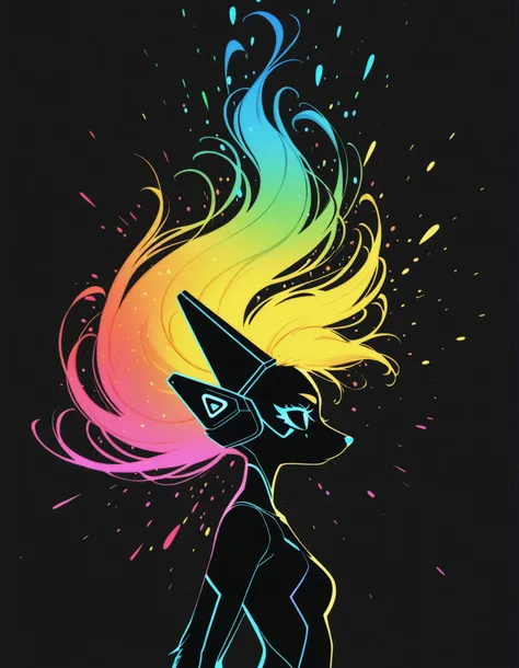fbi open up!,, furry girl, anthro, facing sideways, elegant pose, silhouette body, (glossy black fur), (neon outlines), (flat lighting), exploding fractals, liquid neon paint, splash effect, rainbow iridescent hair, gradient glow, (triadic colors), (spot c...