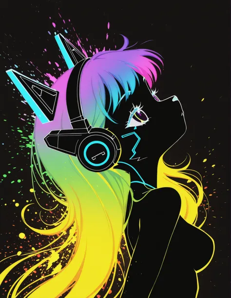 fbi open up!,, furry girl, anthro, facing sideways, elegant pose, silhouette body, (glossy black fur), (neon outlines), (flat lighting), exploding fractals, liquid neon paint, splash effect, rainbow iridescent hair, gradient glow, (triadic colors), (spot c...