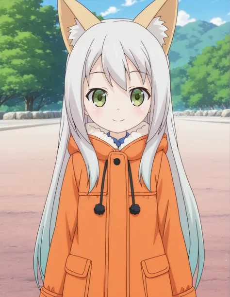 fbi open up!,, anime, solo, BREAK, young fox girl, skinny and frail, (petite,cute:0.5), green eyes, looking at viewer, long hair, white hair, smile, winter clothes, outdoors, winte