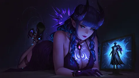 ((inspired by fantasy)),((masterpiece, best quality)),beautiful-woman, ((detailed face)),((detailed body)),(full body:1.3).


1-woman,

((On the screen)),( a demon woman wearing silver armor and a demon woman wearing a magician's robe face each other, and ...