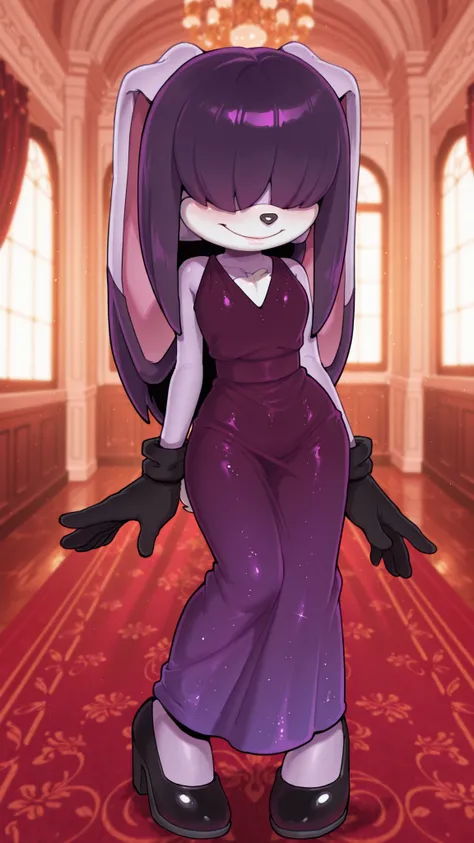 masterpiece, best quality, amazing quality, very aesthetic, high resolution, ultra-detailed, absurdres, newest, scenery, furry, anthro, sonic \(series\), 1girl, female furry, rabbit, purple straight hair, long hair, hair over eyes, purple dress, deep v-nec...
