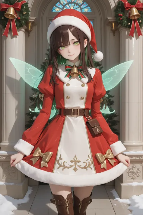detailed background,Gorgeous church,1 girl,Focus on Glowing Skin, She is standing at the entrance of an elegant church decorated for Christmas, a large pillar covered with a garland and a snowy driveway. she is wearing an elaborate Santa Claus fairy costum...