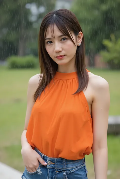 (Orange Top and Low Waist Damaged Denim Pants)High Quality Photos, Perfect live action ,  Clear Image , Realistic, beautiful young woman in heavy rain, elegant、Extraordinary Beauty、smile,  slightly open、natural makeup、Long and thick eyelashes、 Big gray-blu...