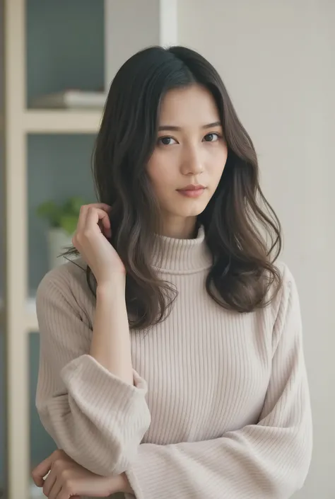 ( super real) , , ( high image quality ) , (8k) , ( Very Detailed) ,  ( top quality) , ( Super Detailed) , (masterpiece) , (Mortar Wallpaper) , ( detailed face ) , garden , side , solo ,  Woman wearing a long-sleeved turtleneck , sweated , japanese , , ear...