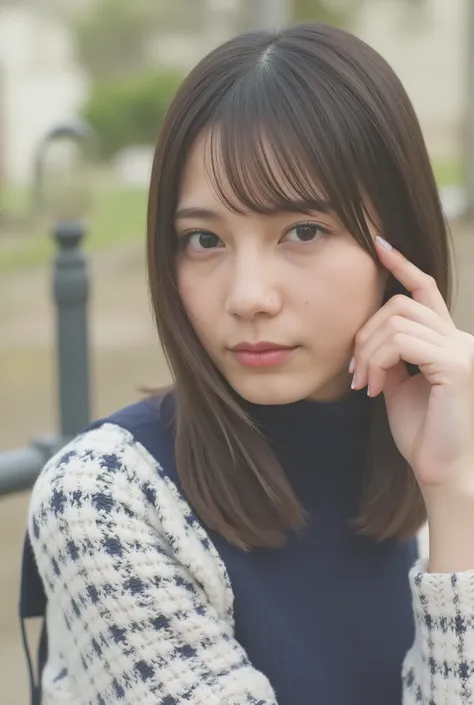 ( super real) , , ( high image quality ) , (8k) , ( Very Detailed) , ( top quality) , ( Super Detailed) , (masterpiece) , (Mortar Wallpaper) , ( detailed face ) , garden , side , solo , Woman wearing a long-sleeved turtleneck , sweated , japanese , , ear...