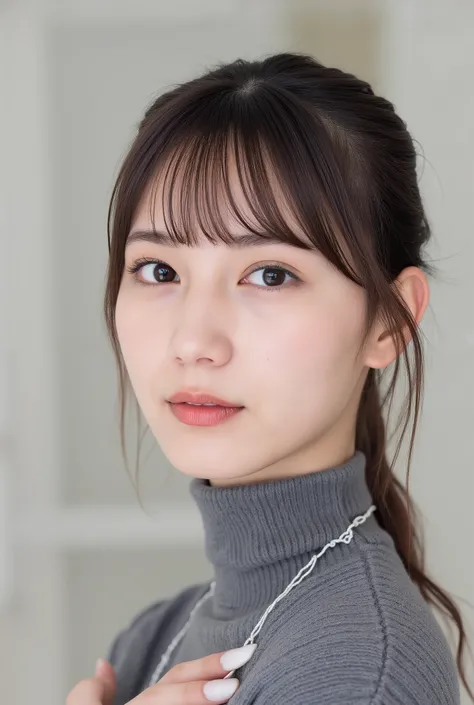 ( super real) , , ( high image quality ) , (8k) , ( Very Detailed) ,  ( top quality) , ( Super Detailed) , (masterpiece) , (Mortar Wallpaper) , ( detailed face ) , garden , side , solo ,  Woman wearing a long-sleeved turtleneck , sweated , japanese , , ear...