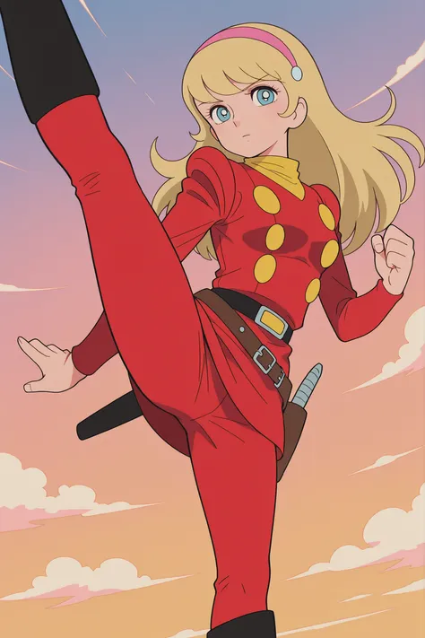 Masterpiece, highest quality, perfect anatomy, anime-style illustration, Cloud, 1980s style, female soloist, Françoise Cyborg 003, blue eyes, headband, blonde, long hair, female soloist, red uniform

High resolution, masterpiece, highest quality, high reso...