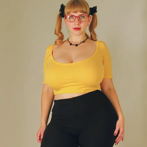 woman, solo, Short blonde hair with long side pigtails, black ribbons, blue eyes, hourglass body, thick thighs, wide hips, large breasts. Black necklace, yellow low-cut top, black lycra pants, high black platform sandals that show her toes, pink lipstick, ...
