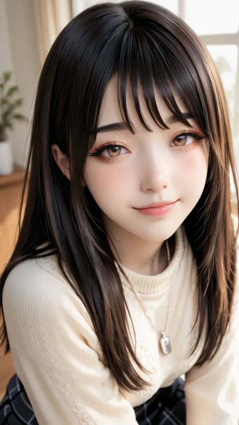 Ultra-realistic digital full body portrait of a young Japanese girl. full body.
She has very long, silky black hair, over her waist. 
Her skin is fair with a healthy glow, giving a clear and luminous impression. 
Her eyes are large and gentle, featuring na...