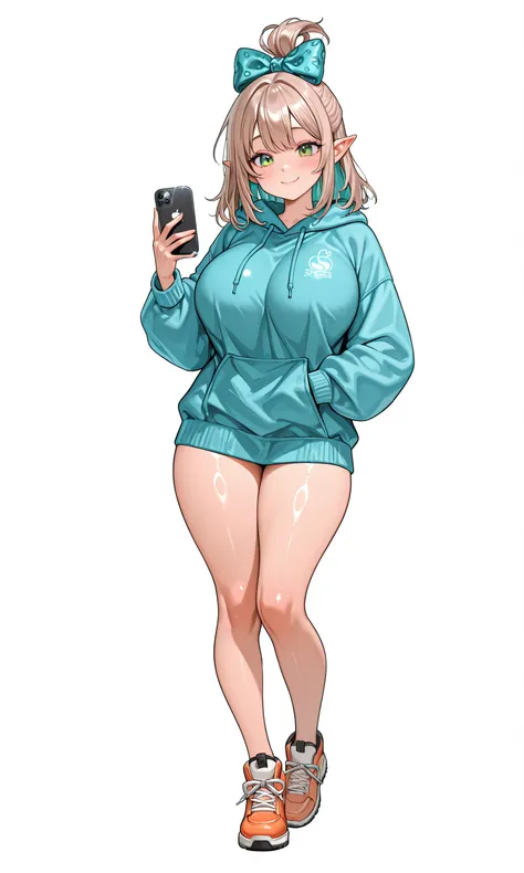 A cute girl, solo girl. qirl, medium hairdo,light brown hair, TURQUOSE BOW,  green eyes,WITH A  BLUE hoodie, big breast, orange short, smilling, full body, pointed ears, white background, WITH A IPHONE, shes smilling happy face, SHINY SKIN, SPORT orange SH...