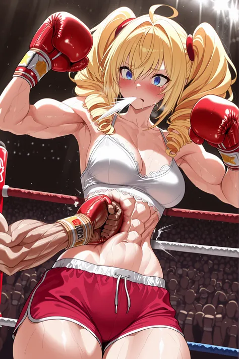 Phenex Ravel,drill hair, twintails, blonde hair, blue eyes, ahoge, hair scrunchie, red scrunchie,,masterpiece,best quality, boxing, 1girl, tonned abs, tonned abdominal muscles, tonned body, slim figure, slim body, hourglass figure, hourglass shaped body, w...