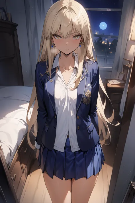 ((masterpiece,top quality:1.2)),(Super-resolution),(1gir),slender,((Female high school student standing like Rin々in her room at night and staring at me)),beautiful skin,(((healthy tanned skin))),(thin thighs),(((blonde long hair))),perfect golden eyes, tre...