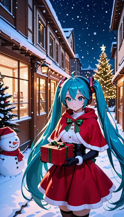 Christmas Tree,miku hatsune, ahoge, aqua eyes, aqua hair, crossed bangs, hair between eyes, hair ornament, headphones, long hair, twintails,little red riding hood,red dress,santa dress,elbow gloves,present box, skirt, corset,standing,closed mouth,night sky...