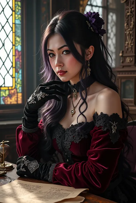 Ultra-realistic anime gothic sorceress, beautiful girl with heterochromia eyes (one glowing golden, one glowing purple), long wavy black hair with purple highlights, soft porcelain skin, light blush makeup, wearing dark red velvet off-shoulder medieval dre...