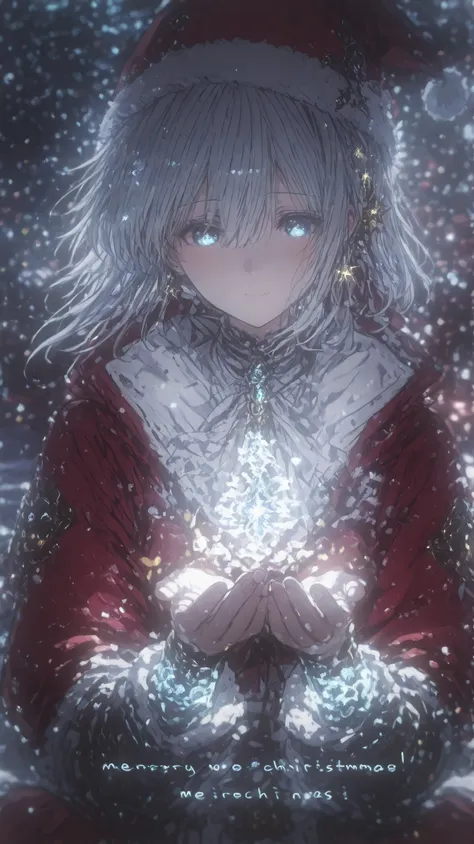 beautiful anime style, gentle santa claus princess, soft glowing sapphire blue eyes, long flowing silver hair, large fluffy santa hat with white trim and golden bells, star and snow crystal hair ornaments, crimson and white santa dress, standing on top of ...
