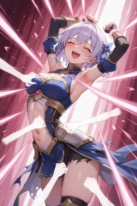 low angle、 in detail、top quality、Dynamically、Girl with short silver hair、girl's hand crucified on the ground、Five fingers、The girl is 25 years old 、dark eyes、Female Knight、Blue Armor、sleeveless、Belly button、broken armor,the clothes are torn、Her right nippl...