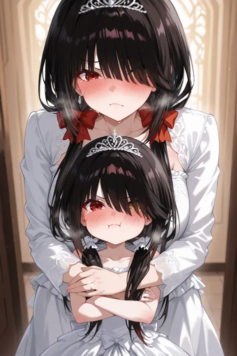 Tokisaki Kurumi, black hair, low twintails, hair over one eyes, red eyes,wedding long dress, HLWD,mall tiara,blush,wedding ring, steam visible,mother_and_daughter, 2girls, aged_down,blush,Pouting with puffed cheeks, arms crossed, angry, cry