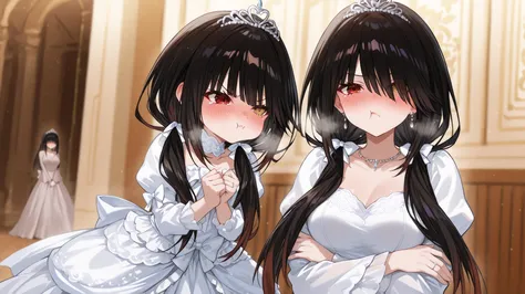Tokisaki Kurumi, black hair, low twintails, hair over one eyes, red eyes,wedding long dress, HLWD,mall tiara,blush,wedding ring, steam visible,mother_and_daughter, 2girls, aged_down,blush,Pouting with puffed cheeks, arms crossed, angry, cry