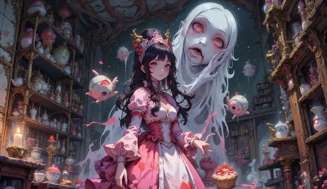 nsfw,nipple,anime-style, haunted gothic scene, a solemn girl with pale skin and long black hair wearing a frilled strawberry cake-themed dress, haunted by the ghost of a cursed cake, faint pink ectoplasmic frosting swirling around her body, eyes glowing fa...