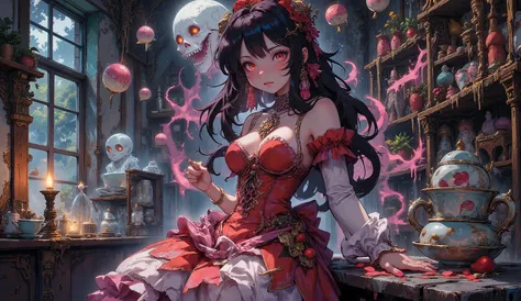nsfw,nipple,anime-style, haunted gothic scene, a solemn girl with pale skin and long black hair wearing a frilled strawberry cake-themed dress, haunted by the ghost of a cursed cake, faint pink ectoplasmic frosting swirling around her body, eyes glowing fa...