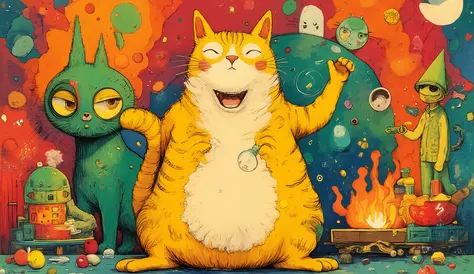 happyhardcorecat,DJcat,This image features a colorful and abstract composition、The figure of an anthropomorphic cat from a vibrant cartoon is depicted in various shapes,red, green, green, Yellow,中央の焚火の側のネコは小さなYellowい王冠をかぶった白いデブ猫,Surrounding this fat cat is...