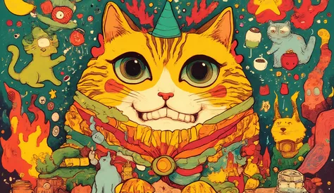 happyhardcorecat,DJcat,This image features a colorful and abstract composition、The figure of an anthropomorphic cat from a vibrant cartoon is depicted in various shapes,red, green, green, Yellow,中央の焚火の側のネコは小さなYellowい王冠をかぶった白いデブ猫,Surrounding this fat cat is...