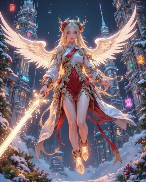 A futuristic Christmas Princess Android soaring through the neon-lit skies of a cybernetic megacity. She embodies the fusion of ultimate feminine beauty and advanced technology: flowing blonde hair adorned with countless Christmas wreaths woven with evergr...